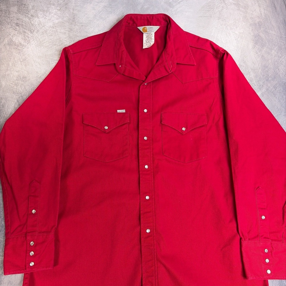 Vintage Carhartt Mens Red Western Pearl Snap Shirt Cotton Twill SU000 18x36
